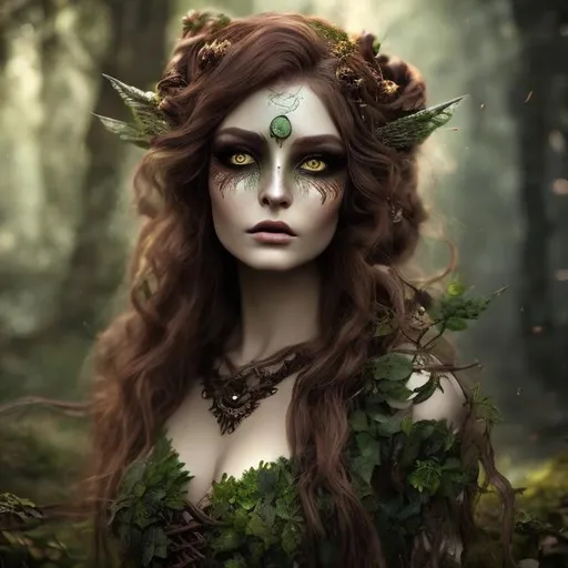 Prompt: Beautiful dryad woman, red wavy hair, brown Medieval dress, green eye make-up, large false eye lashes, forest background, Unreal Engine, fantasy