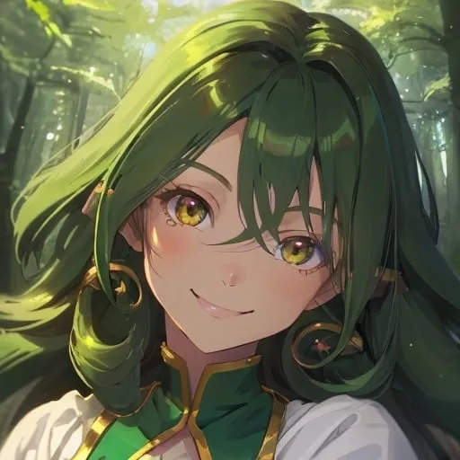 Prompt: Beautiful avatar portrait anime woman smiling brunette ringlets tan complexion emeralds by forest