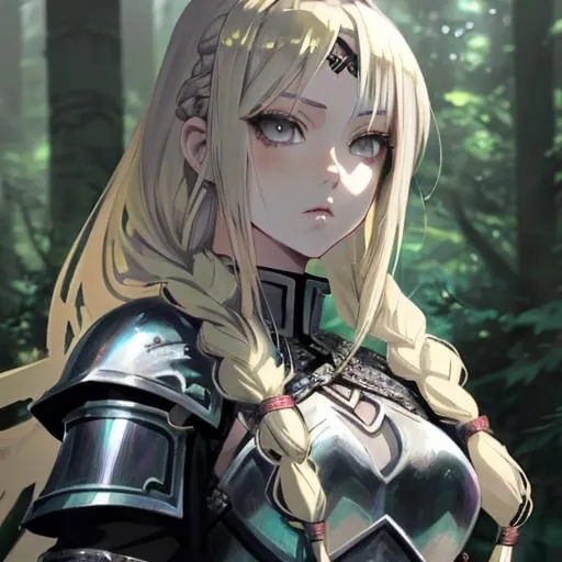 Prompt: Beautiful anime fantasy warrior woman in chainmail blonde braids hair grey eyes, forest background 