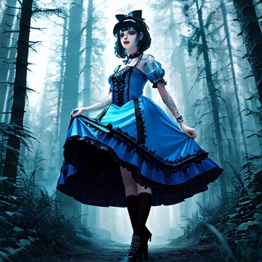 Prompt: Alice in Wonderland goth with tattoos on her arms, in a Wonderland woods background 