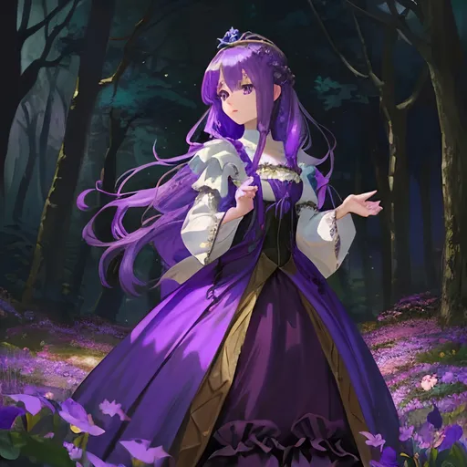 Prompt: Beautiful flower princess purple hair, wearing Medieval dress, in spring forest at night, 