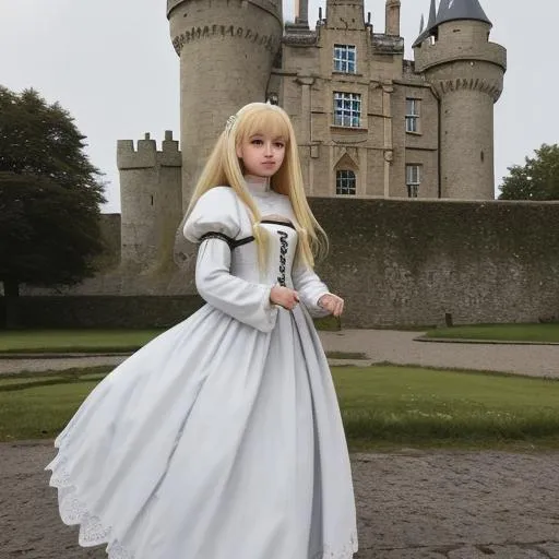 Prompt: A pretty ghost girl with blonde hair wearing Medieval dress outside a castle