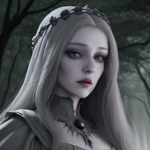 Prompt: Pretty Medieval ghost lady portrait, full lips, long eye lashes, wearing grey dress, in a haunted wood, Unreal Engine 