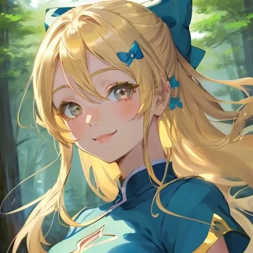 Prompt: Beautiful avatar portrait anime woman smiling blonde hair bows hazel eyes blue top by forest