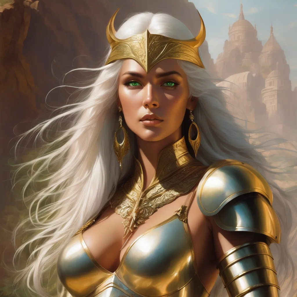 Prompt: Beautiful golden goddess, long white hair, tanned skin, green eyes, armour, jewellery, fantasy, Boris Vallejo,  Artgerm, 