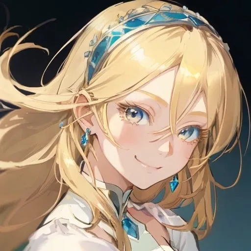 Prompt: Avatar portrait of a beautiful anime woman blonde hairband smiling hazel eyes wearing white top topaz jewels