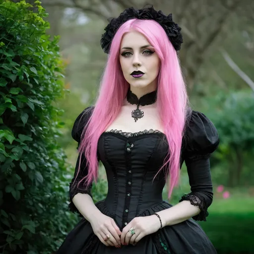 Prompt: Goth woman long pink and green hair wearing Victorian black dress, dark garden background, 