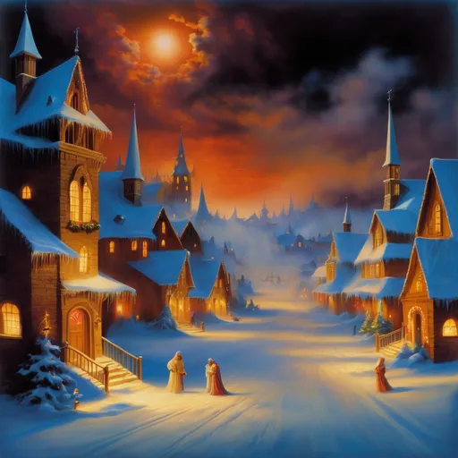 Prompt: A Christmas village at night with ghosts in the sky, fantasy, style of Boris Vallejo, Renaissance, warm colours, ominous   