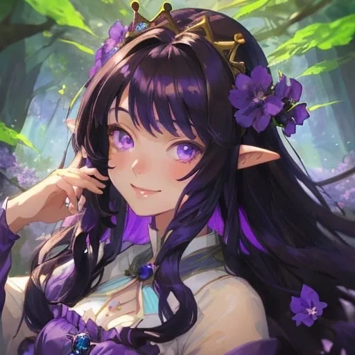 Prompt: Beautiful avatar portrait anime woman smiling brunette ringlets violet flowers crown tan complexion blue dress by forest