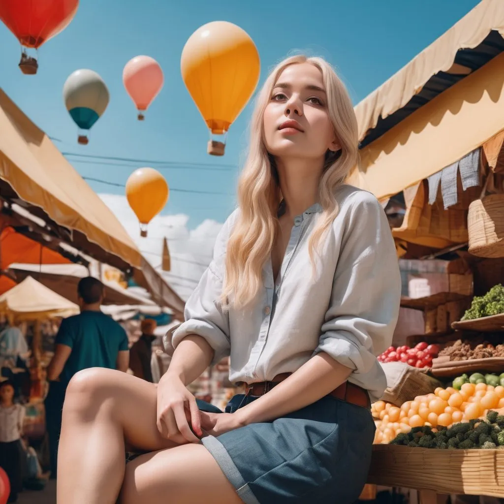 Prompt: Woman blonde hair in casual Spring clothes sitting on a floating balloon above a market 