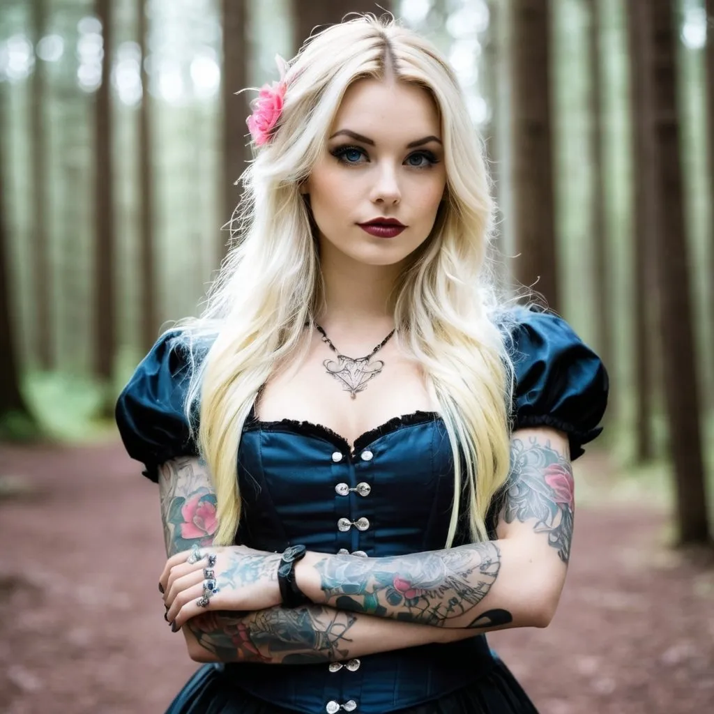 Prompt: Beautiful blonde punk Alice in Wonderland long hair with tattoos on her arms, in a Wonderland woods background 