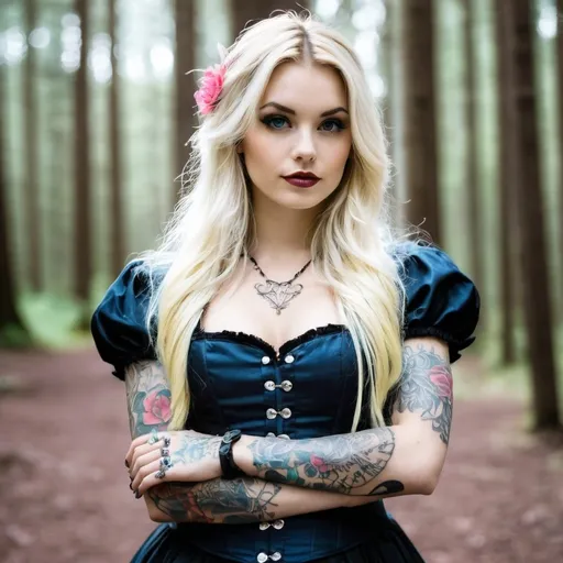 Prompt: Beautiful blonde punk Alice in Wonderland long hair with tattoos on her arms, in a Wonderland woods background 