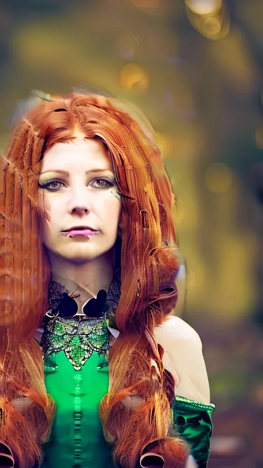 Prompt: Portrait beautiful woman ginger hair, green Medieval dress,  fantasy