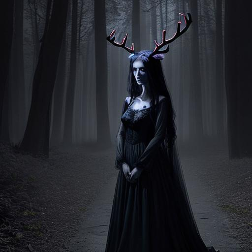 Prompt: Beautiful shadow woman in long dress with antlers in a dark spooky forest at night 