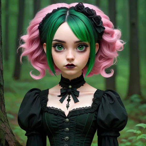 Prompt: Goth girl pink and green hair in Victorian black dress, dark forest background, 