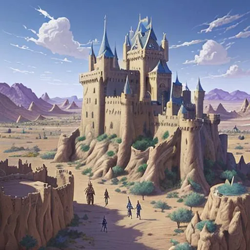 Prompt: Castle with spider banners, desert garden and blue sky, style of Tyler Edlin, fantasy