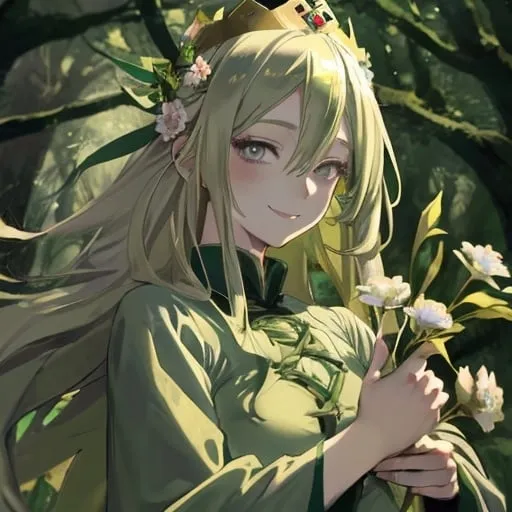 Prompt: Beautiful anime woman blonde hair Medieval long green dress smiling grey eyes wearing flowers crown in woods