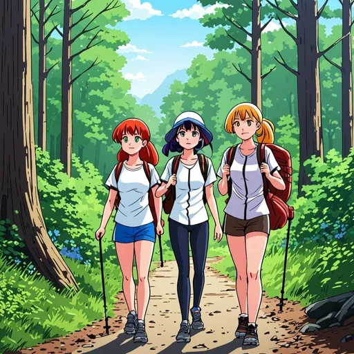 Prompt: Three pretty anime cartoon girls hiking in forest hills