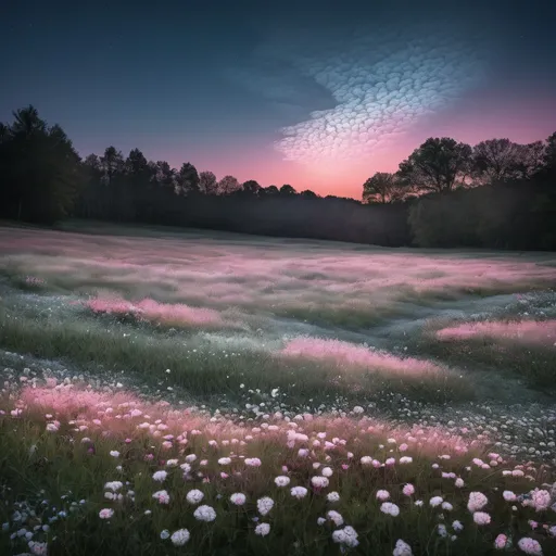 Prompt: Noctilucent clouds above a meadow with pink and white flowers 