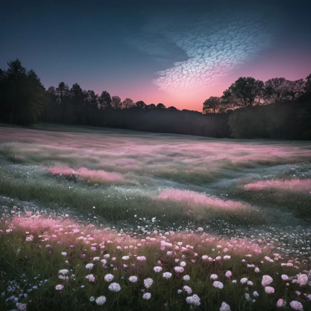 Prompt: Noctilucent clouds above a meadow with pink and white flowers 