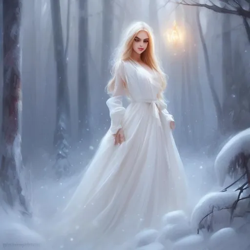 Prompt: Beautiful blonde woman in white winter dress in dark forest, style of Vladimir Volegov, light dust, twilight