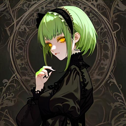 Prompt: beautiful goth girl with white and green hair, yellow eyes, black lace hair band, Victorian clothes, haunted house background