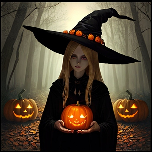 Prompt: Beautiful dark blonde woman witch with pumpkins in a spooky forest