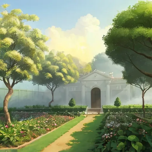 Prompt: Garden with lemon trees and fog
