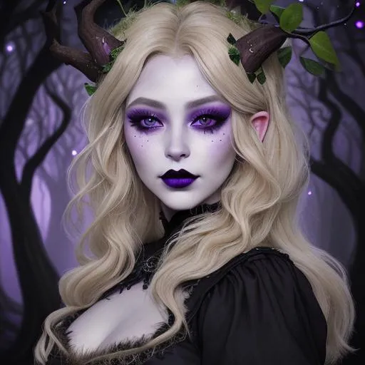 Prompt: Portrait of a beautiful blackthorn dryad, light ash blonde hair, purple Medieval dress, large eyelashes, black lips, black eye make-up, glitter, witch's garden background, fantasy 