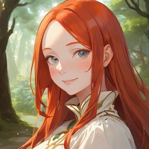 Prompt: Beautiful avatar portrait anime woman smiling ginger hair tan complexion Tudor white dress by forest