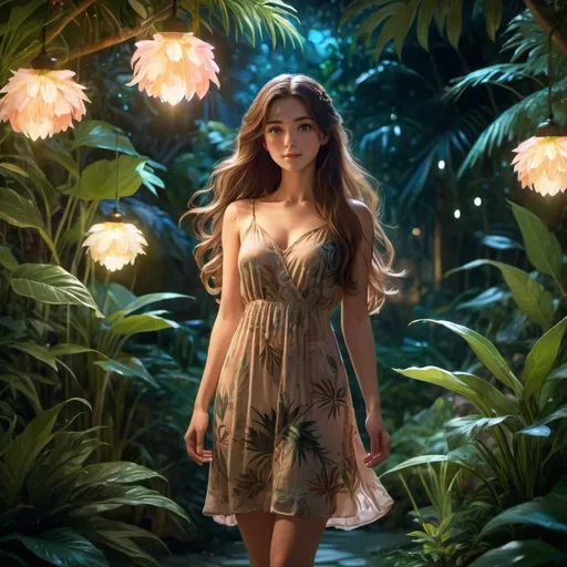 Prompt: Anime woman long brown hair wearing long Summer dress in a tropical garden at night 