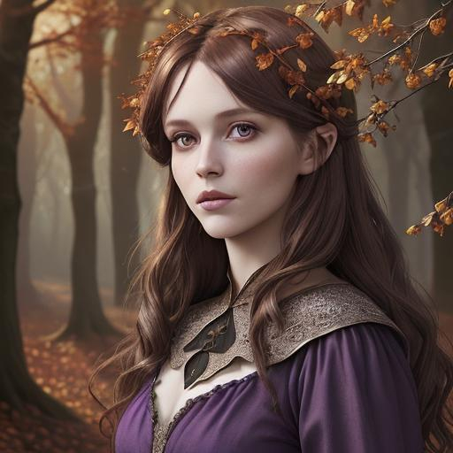 Prompt: Portrait of a beautiful blackthorn dryad, light ash brown hair, purple Medieval dress, Autumn forest background, fantasy 