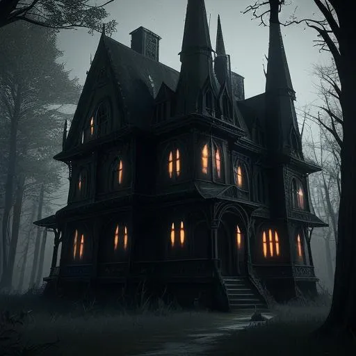 Prompt: Gothic house in a thick haunted wood with ghost lights, Unreal Engine 