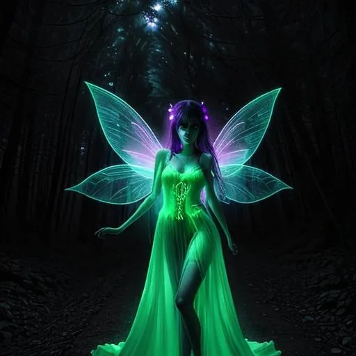 Prompt: Beautiful neon fairy woman wearing a long dress, in a dark spooky forest at night 