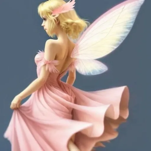 Prompt: Pretty blonde fairy in long pink dress, blue flapping wings in her back