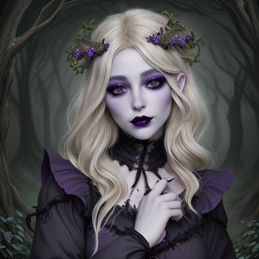 Prompt: beautiful blackthorn dryad, light ash blonde hair, purple Medieval dress, large eyelashes, black lips, black eye make-up,  witch's garden background, fantasy 