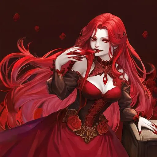 Prompt: A vampire woman with red hair, in Medieval dress, and red gems and red crystals jewellery, drinking blood wine, red roses background