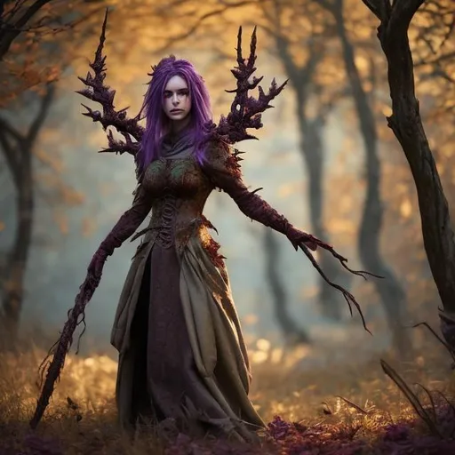 Prompt: Thorns dryad, light ash brown hair, purple Medieval dress, Autumn forest background, Unreal Engine, fantasy 