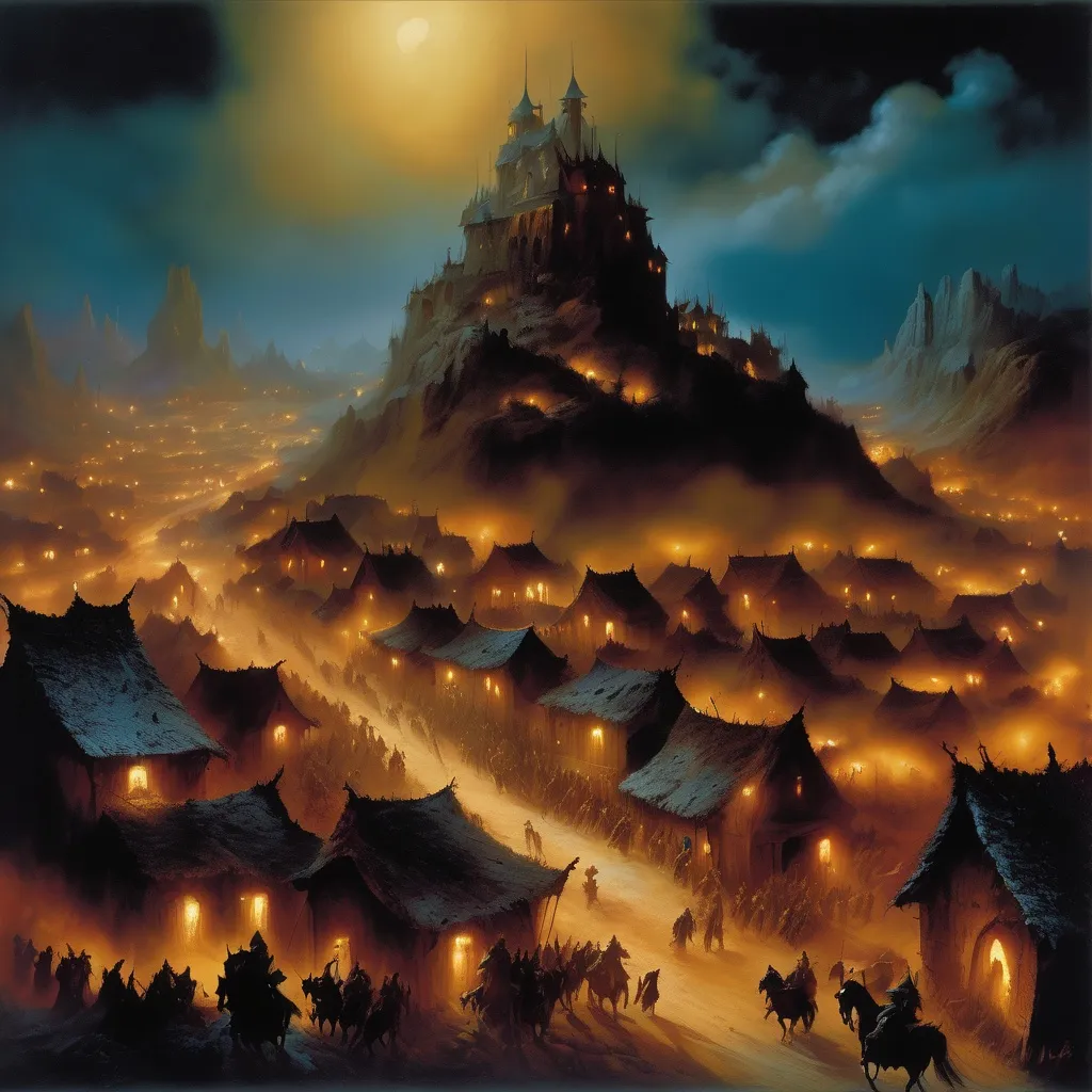 Prompt: A village at night with a ghostly army in the sky, fantasy, style of Boris Vallejo, Renaissance, warm colours, ominous   