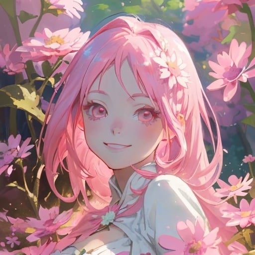 Prompt: Beautiful avatar portrait anime woman smiling pink hair daisies Medieval white dress by forest