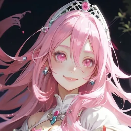 Prompt: Beautiful avatar portrait anime woman smiling pink hair tiara Medieval white dress by forest