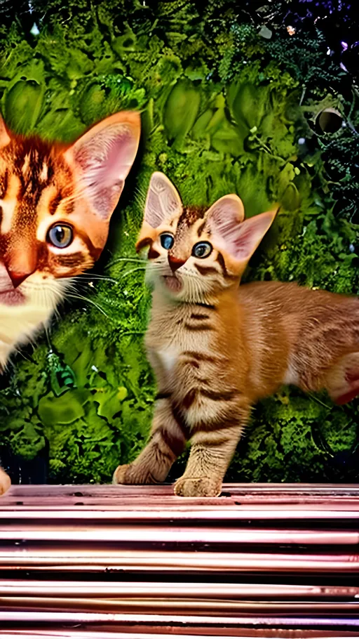 Prompt: Portrait beautiful ginger kitten, green mossy wall background, fantasy