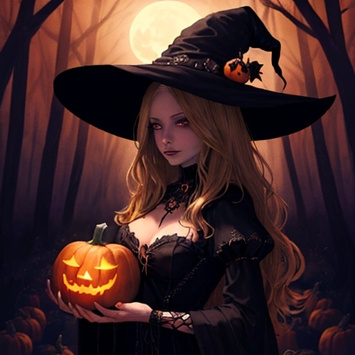 Prompt: Beautiful dark blonde woman witch with pumpkins in a spooky forest