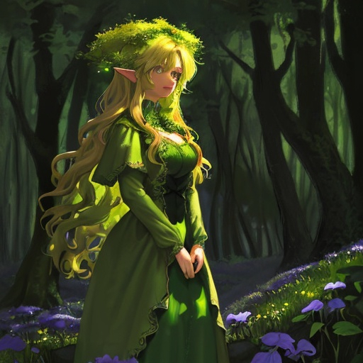 Prompt: Forest dryad violets in her blonde hair, wearing green Medieval dress, in spring forest at night, 