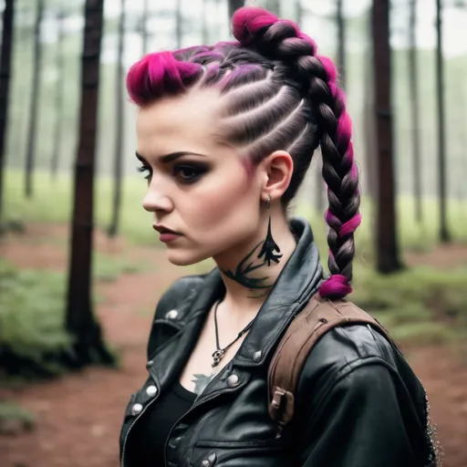 Prompt: Punk girl braided hair in forest background, 