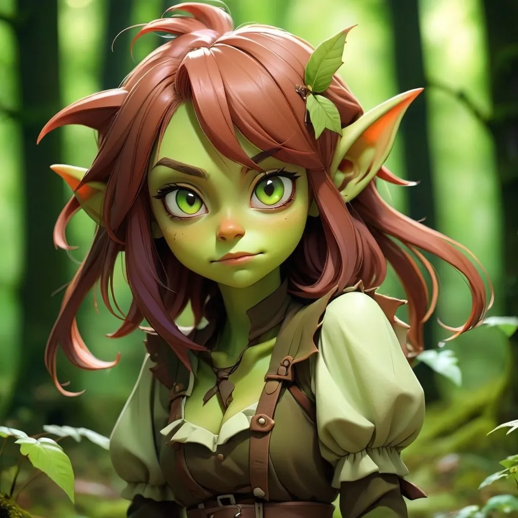 Prompt: Pretty anime goblin girl brown green hair and in forest, 