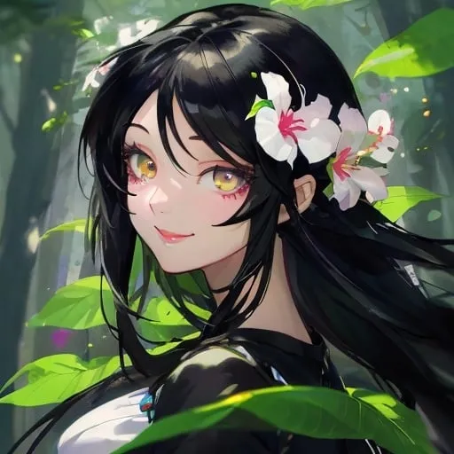 Prompt: Beautiful avatar portrait anime woman smiling black hair hazel eyes flower top by forest