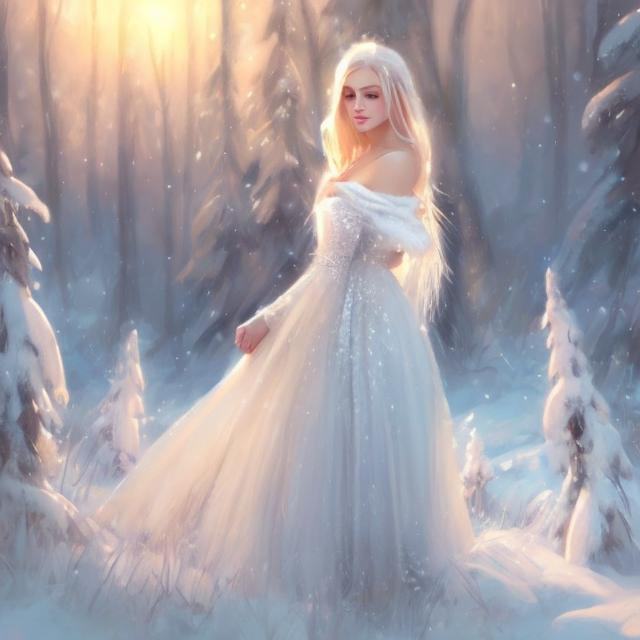 Prompt: Beautiful blonde woman in white winter dress in frosty forest, style of Vladimir Volegov, light dust, twilight