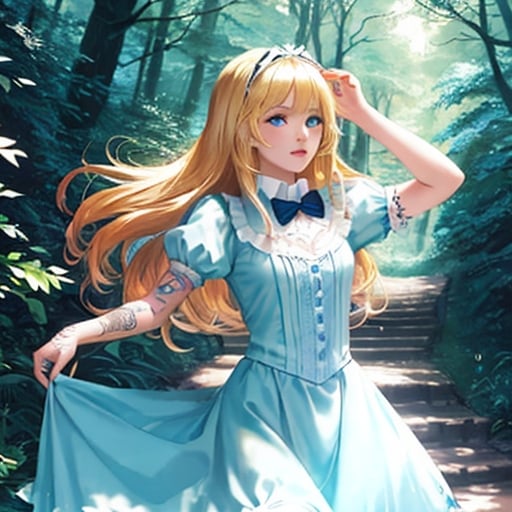 Prompt: Beautiful blonde Alice in Wonderland with tattoos on her arms, in a Wonderland woods background 