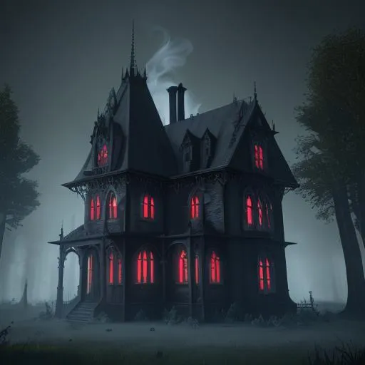 Prompt: Gothic house with colourful smoke, in a haunted wood, Unreal Engine 